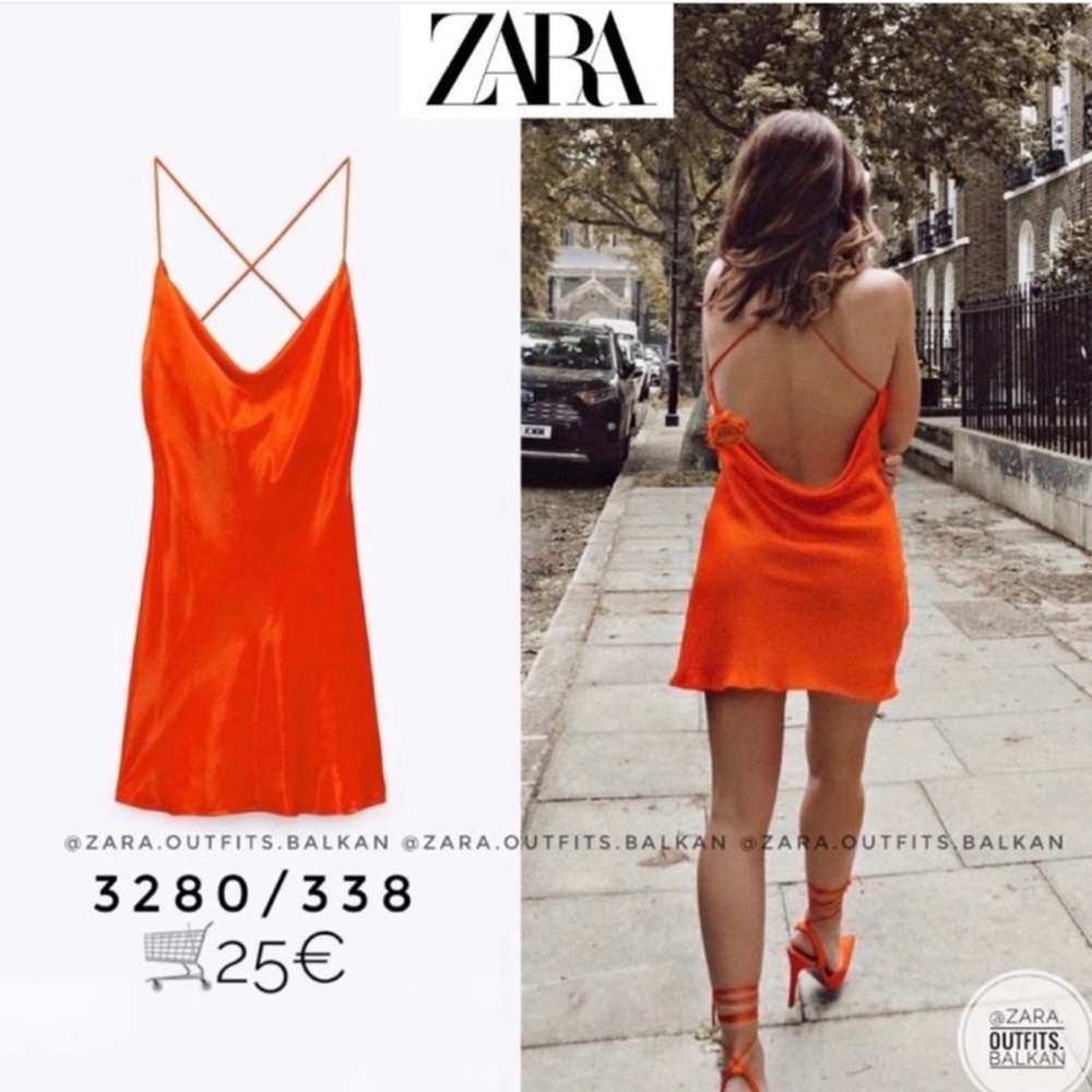 Woman’s Zara Orange Mini Dress Satin Effect Slip Dress Cowl Neck Open Back Small
